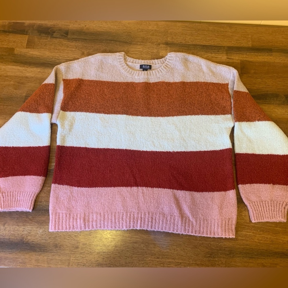 A.n.a stripe sweater XL Burgundy Pink Creme balloon sleeve soft crewneck